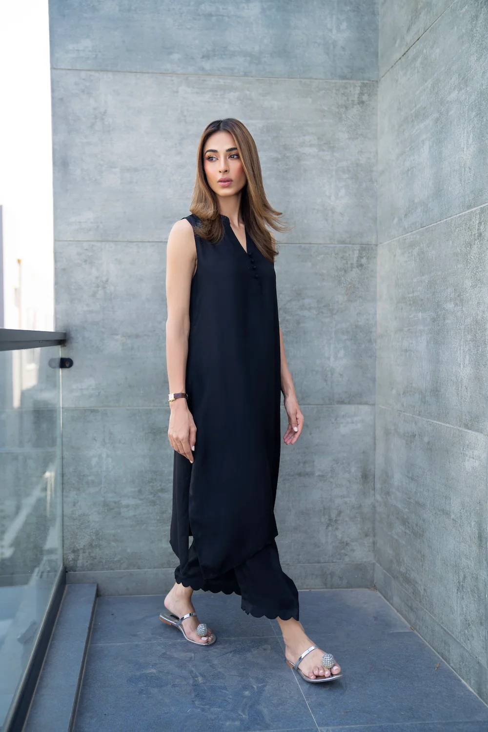 Black Designer Buttoned Top with Scalloped Trousers Coord Set-