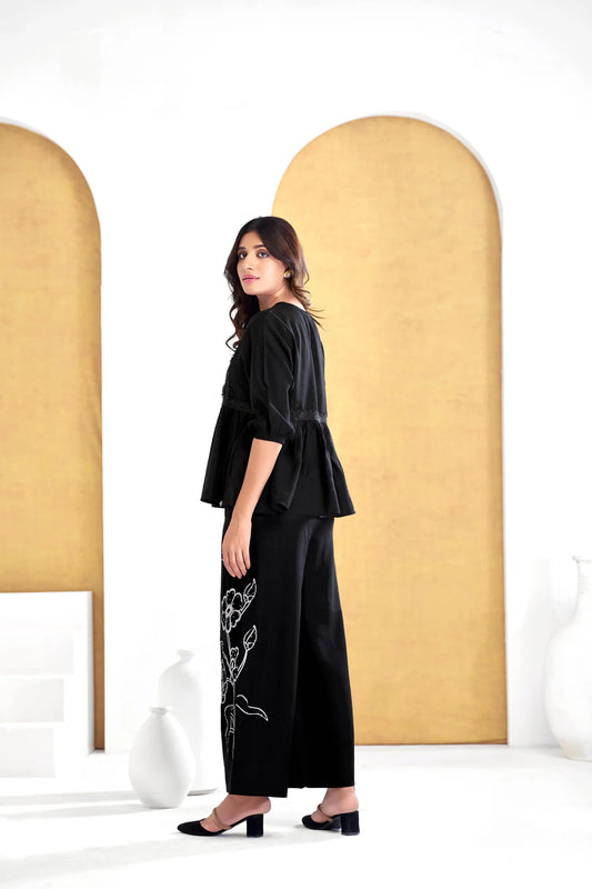 Nira Black Round Neck Floral Print Co-Ord Set