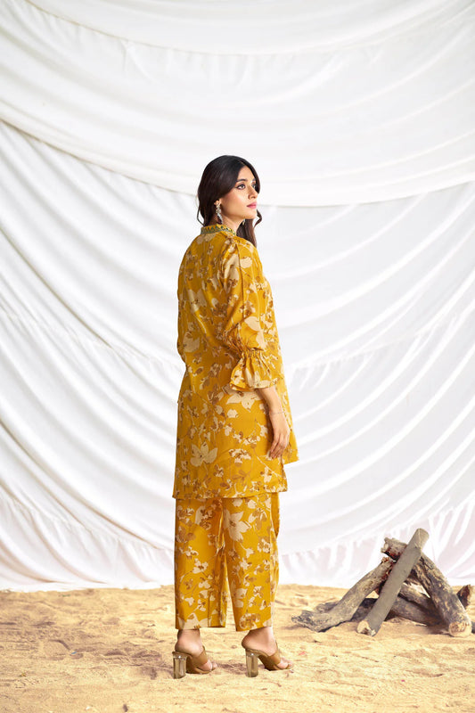 Mustard Printed Chanderi Co-Ord Set