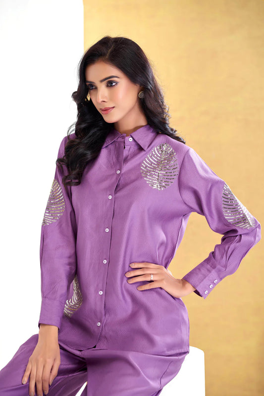 Purple Chanderi Collared Neck Self Embroidery Co-Ord Set