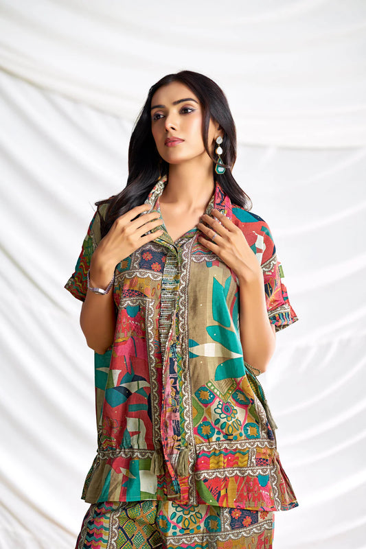 Beige Collered Neck Printed Chanderi Co-Ord Set