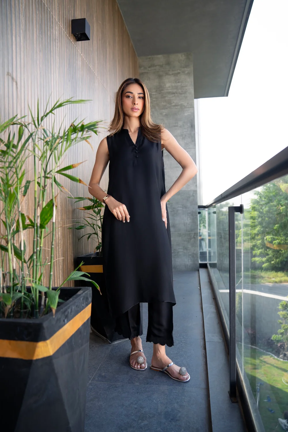 Black Designer Buttoned Top with Scalloped Trousers Coord Set