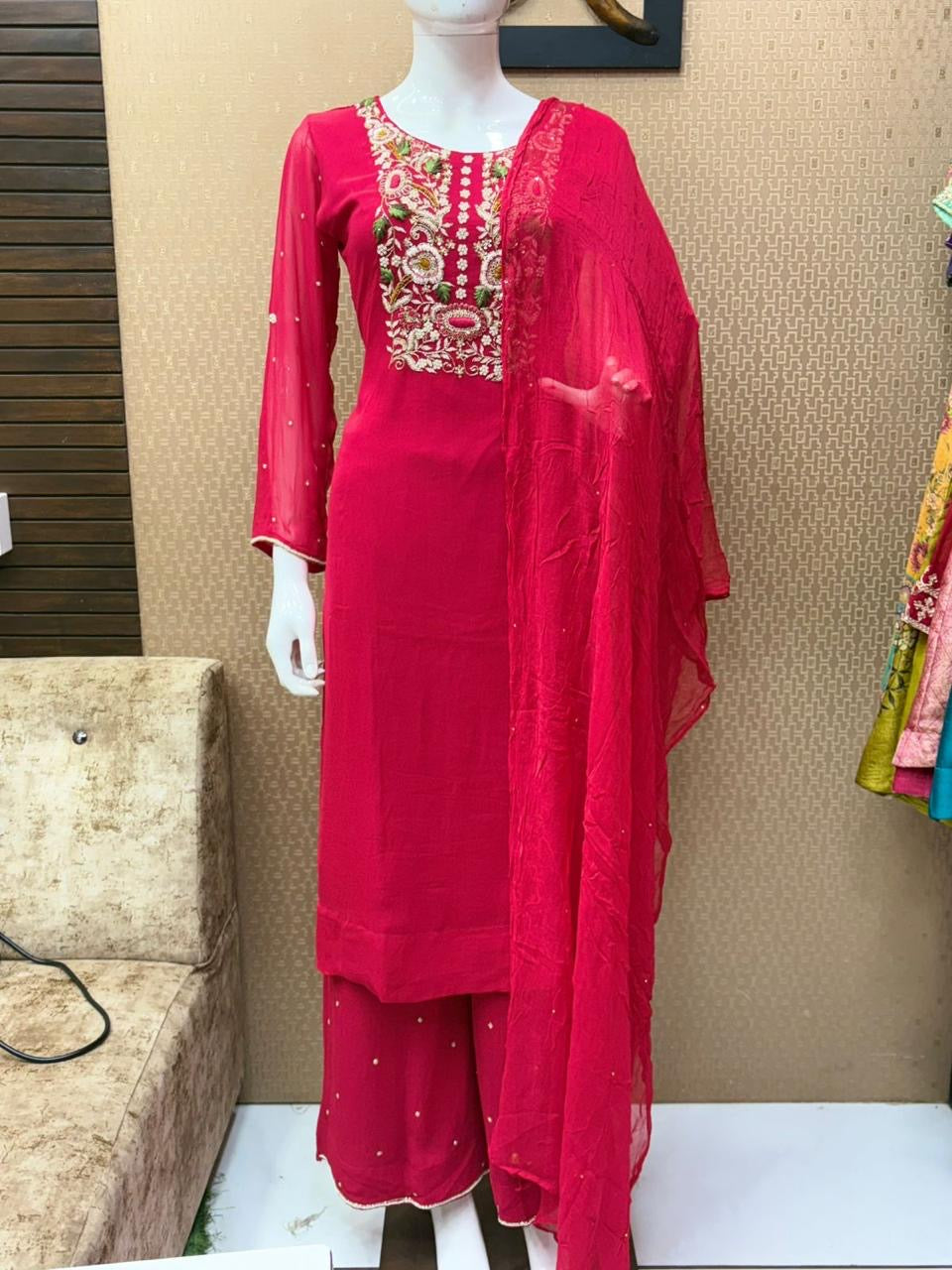 Pink Embroidered Satin Silk 3-Piece Set