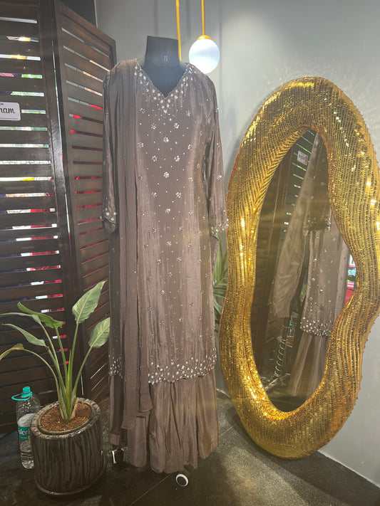 Gray Satin Silk Handwork Embroidery Palazo 3-Piece Set