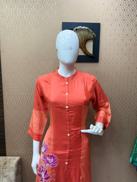 Sakhi Orange Vertical Lotus Floral Embroidery Coord set