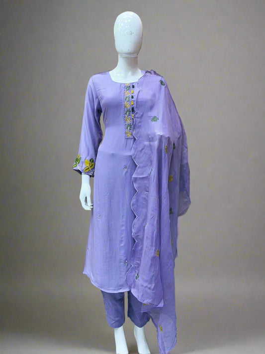 Yellow Chiffon Embroidery 3 Piece Kurthi Set