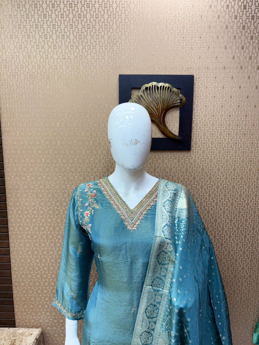 Blue Gold Tissue embroidery 3 piece traditional kurthi set