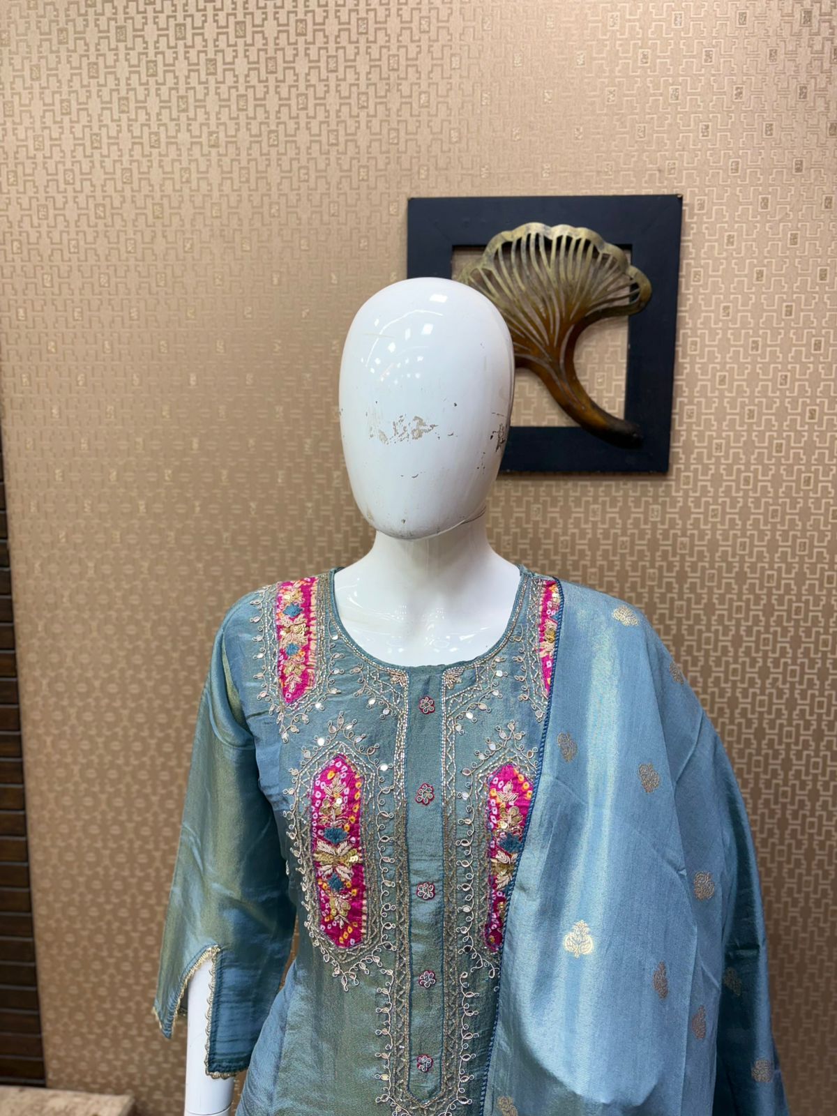 Blue Kurthi Set With Gold Tissue Fabric and Pink Embroidery Saharara Style