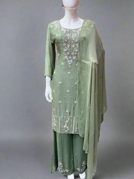 Green Satin silk embrodiery Premium 3 piece set