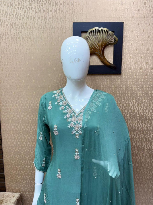 Sea Green Kurti 3 Piece Premium Embroidery Festive Collection