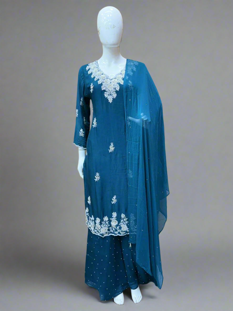 Blue Embroidery Satin Silk Premium 3 piece set