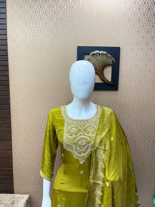Lime Green Natural Crape Handwork Top Banaras Kurthi Set