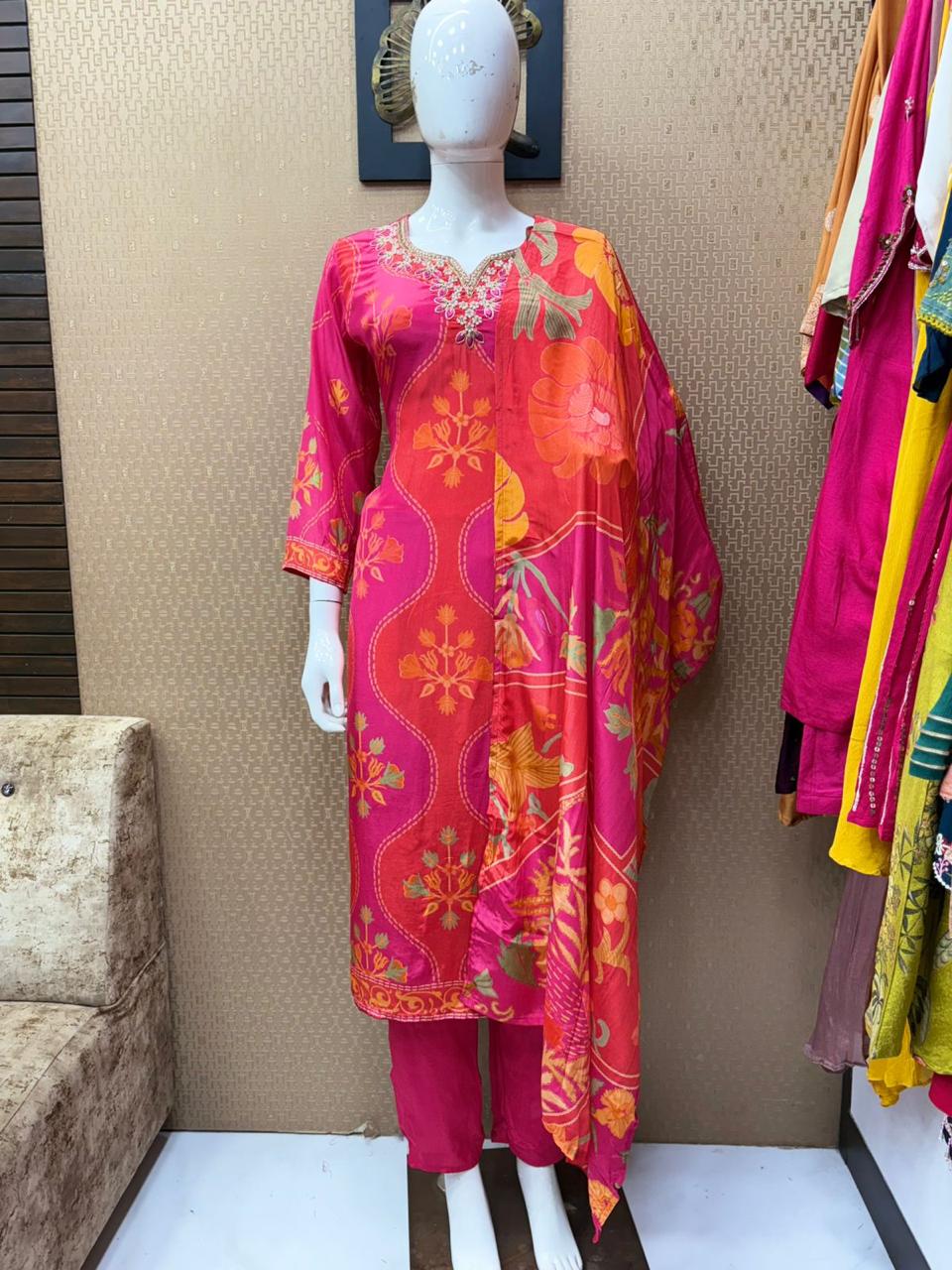 Pure Natural Crepe Digital Print Handwork Stitch Kurta Set