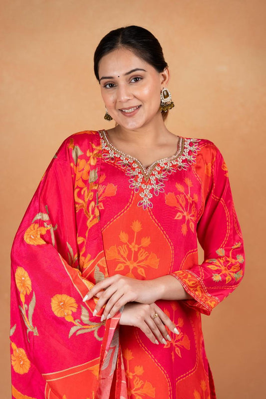 Pure Natural Crepe Digital Print Handwork Stitch Kurta Set