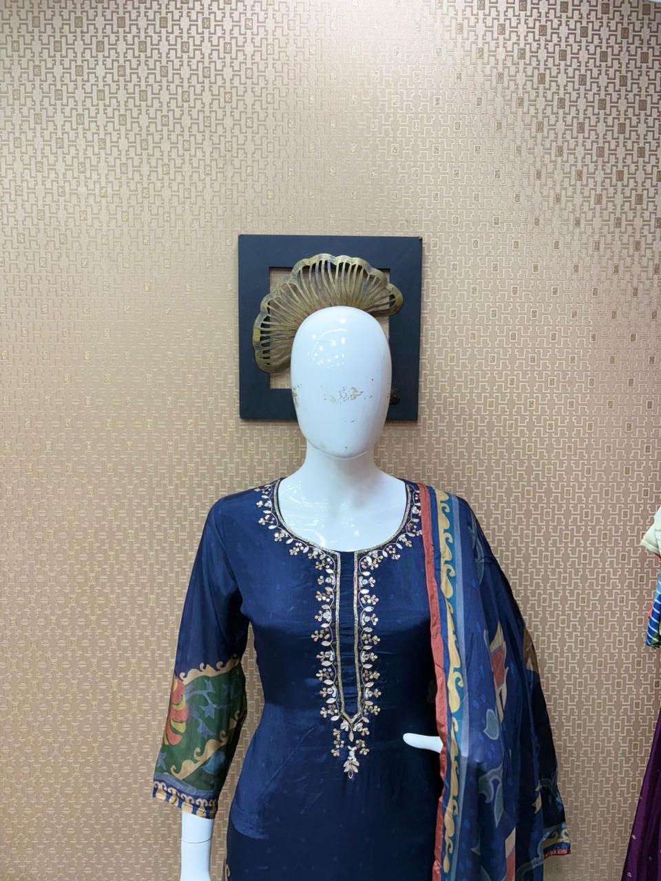Pure Natural Crepe Digital Handwork Stitched Top with Cotton Liner, Digital Print Dupatta & Pure Santoon Stitched Pant