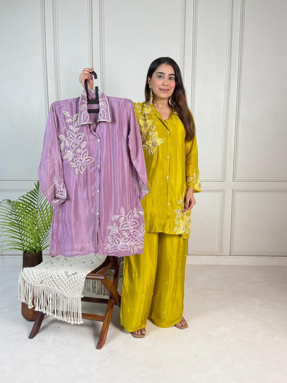 Premium Yellow Pure Viscose Chinon Hand-Embroidered Co-Ord Set with Plazo Pant