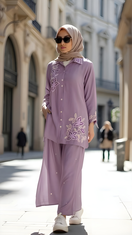 Premium Purple Pure Viscose Chinon Hand-Embroidered Co-Ord Set with Plazo Pant