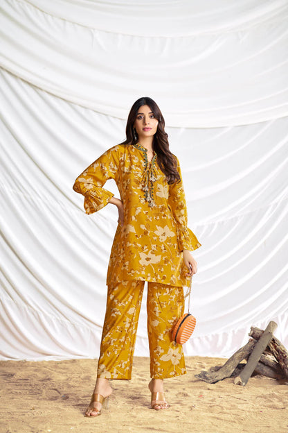 Mustard Printed Chanderi Co-Ord Set