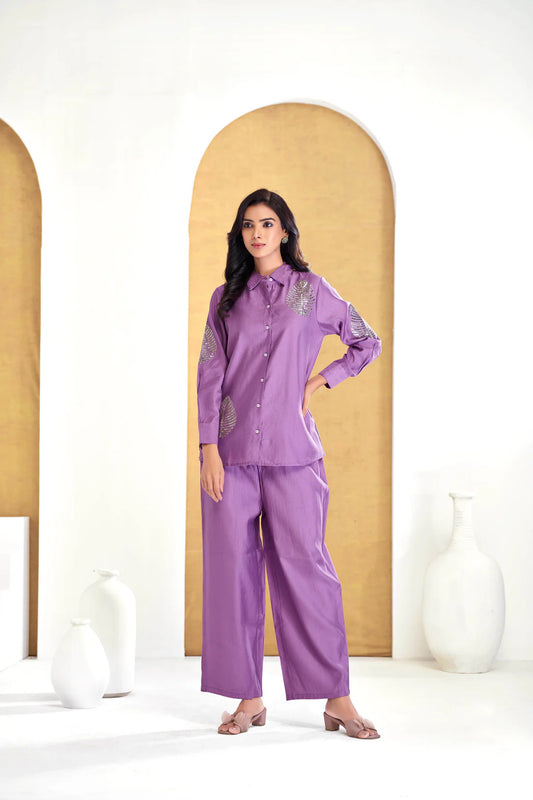 Purple Chanderi Collared Neck Self Embroidery Co-Ord Set