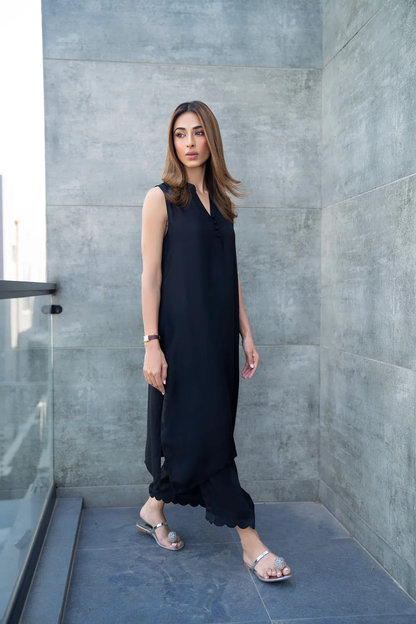 Black Designer Buttoned Top with Scalloped Trousers Coord Set