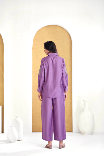 Purple Chanderi Collared Neck Self Embroidery Co-Ord Set