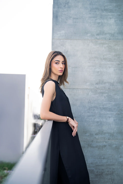Black Designer Buttoned Top with Scalloped Trousers Coord Set