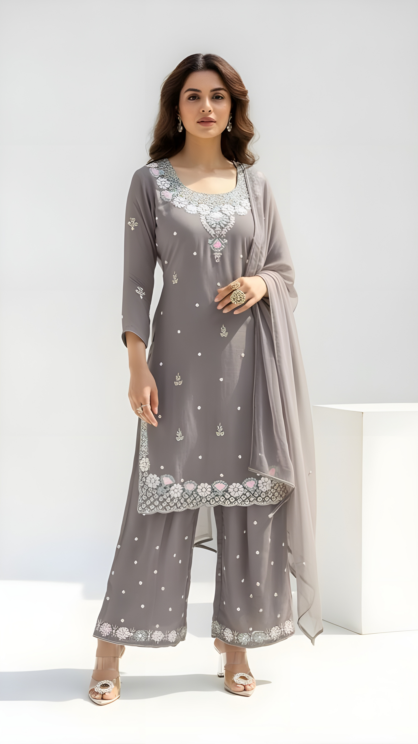Purple 3 Piece Kurthi Set With Light Pink Embroidery