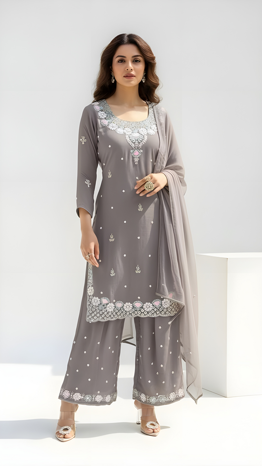 Purple 3 Piece Kurthi Set With Light Pink Embroidery