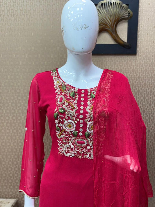 Pink Embroidered Satin Silk 3-Piece Set