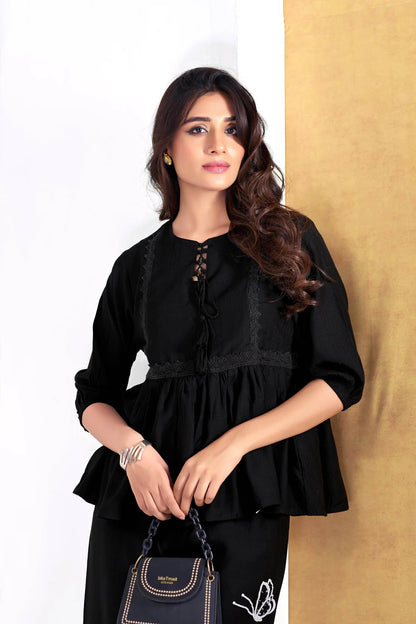 Nira Black Round Neck Floral Print Co-Ord Set