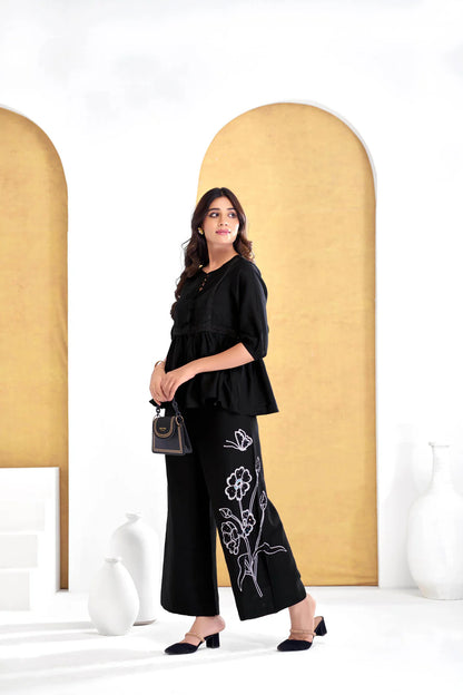 Nira Black Round Neck Floral Print Co-Ord Set