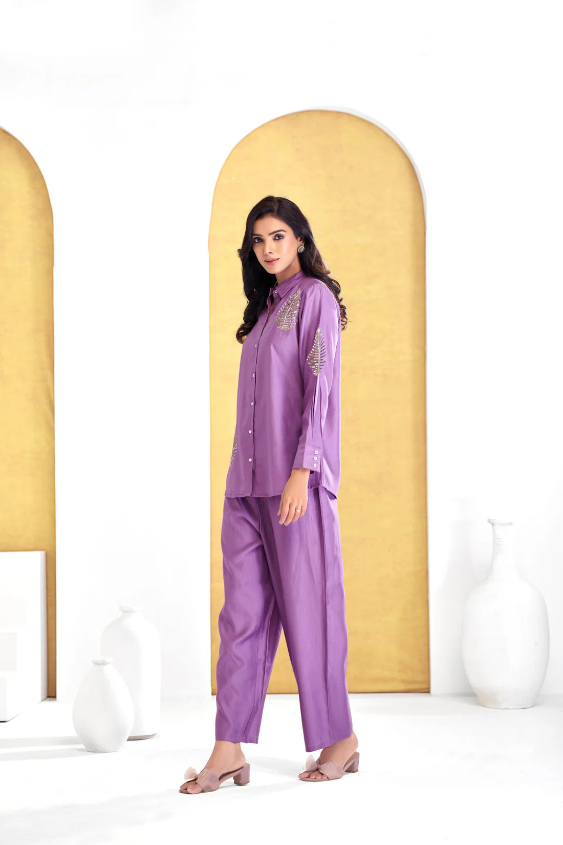 Purple Chanderi Collared Neck Self Embroidery Co-Ord Set