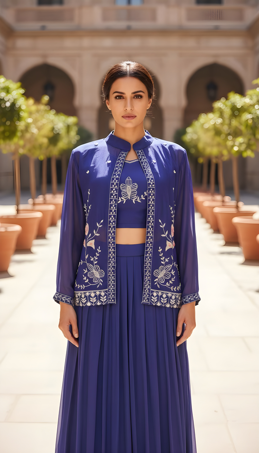 Jacket Royal Blue Embroidery Skirt 3 Piece Set