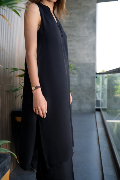 Black Designer Buttoned Top with Scalloped Trousers Coord Set-