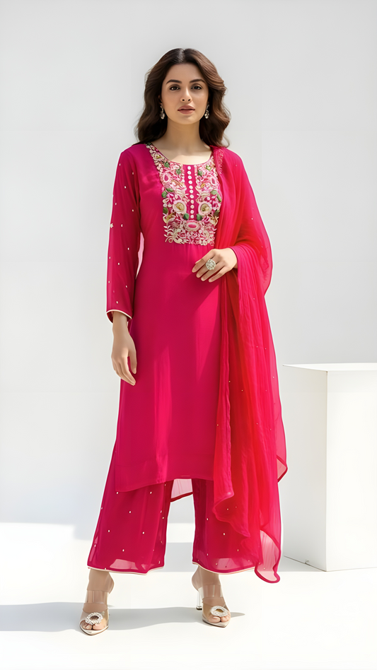 Pink Embroidered Satin Silk 3-Piece Set