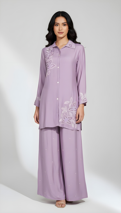 Premium Purple Pure Viscose Chinon Hand-Embroidered Co-Ord Set with Plazo Pant