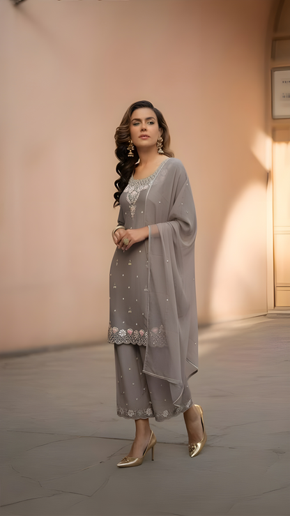 Purple 3 Piece Kurthi Set With Light Pink Embroidery