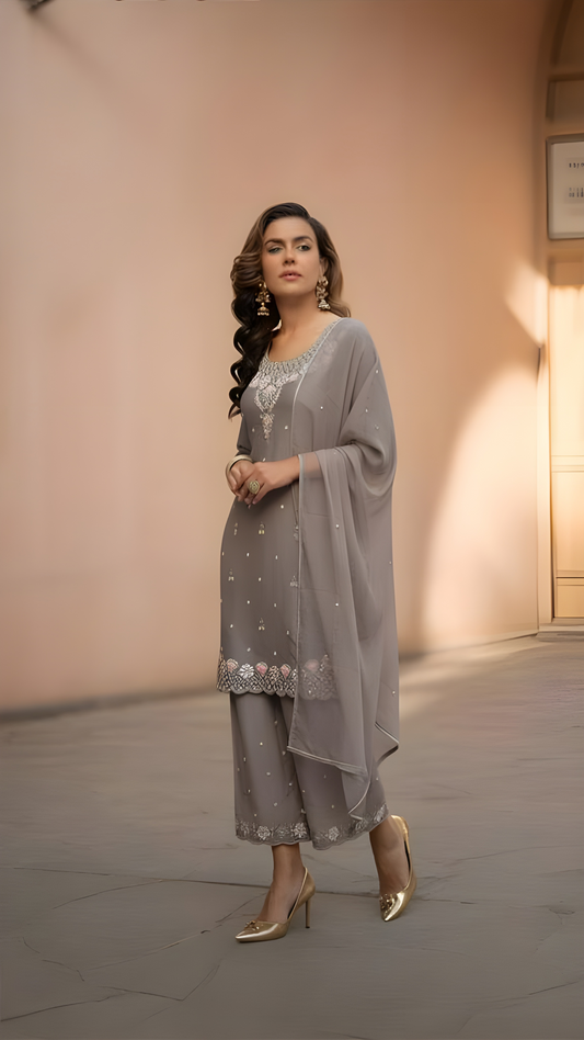 Purple 3 Piece Kurthi Set With Light Pink Embroidery
