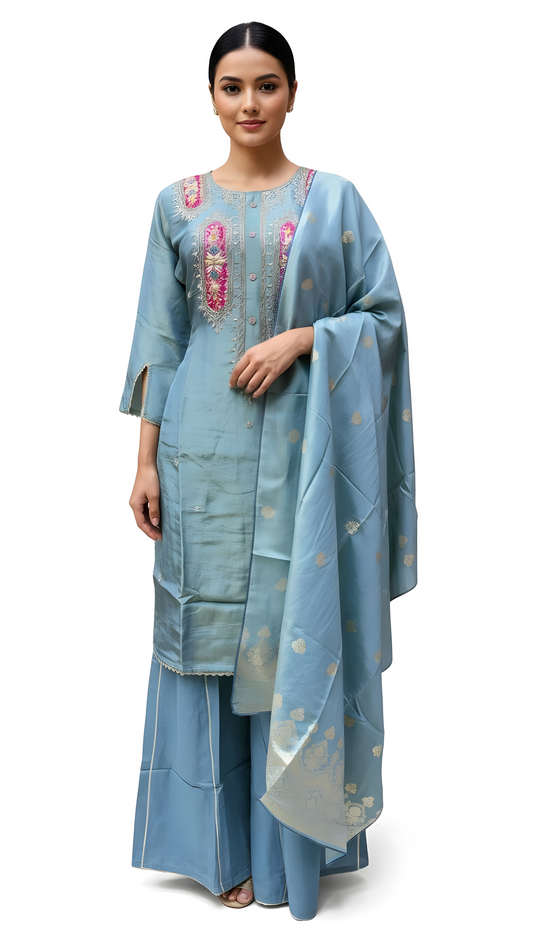 Blue Kurthi Set With Gold Tissue Fabric and Pink Embroidery Saharara Style