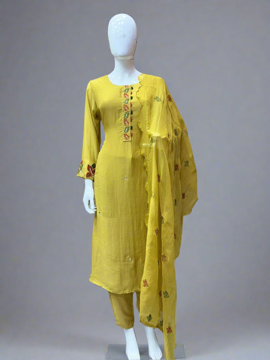 Yellow Chiffon Embroidery 3 Piece Kurthi Set