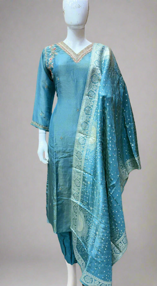 Blue Gold Tissue embroidery 3 piece traditional kurthi set