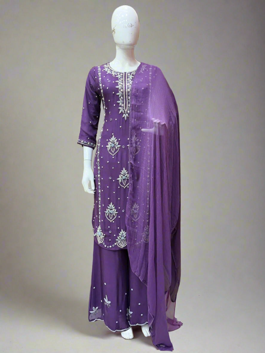 Viscose Chinnon Handwork Suit Set with Chiffon Dupatta & Plazo Pant