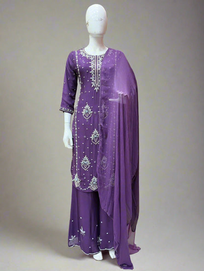 Viscose Chinnon Handwork Suit Set with Chiffon Dupatta & Plazo Pant