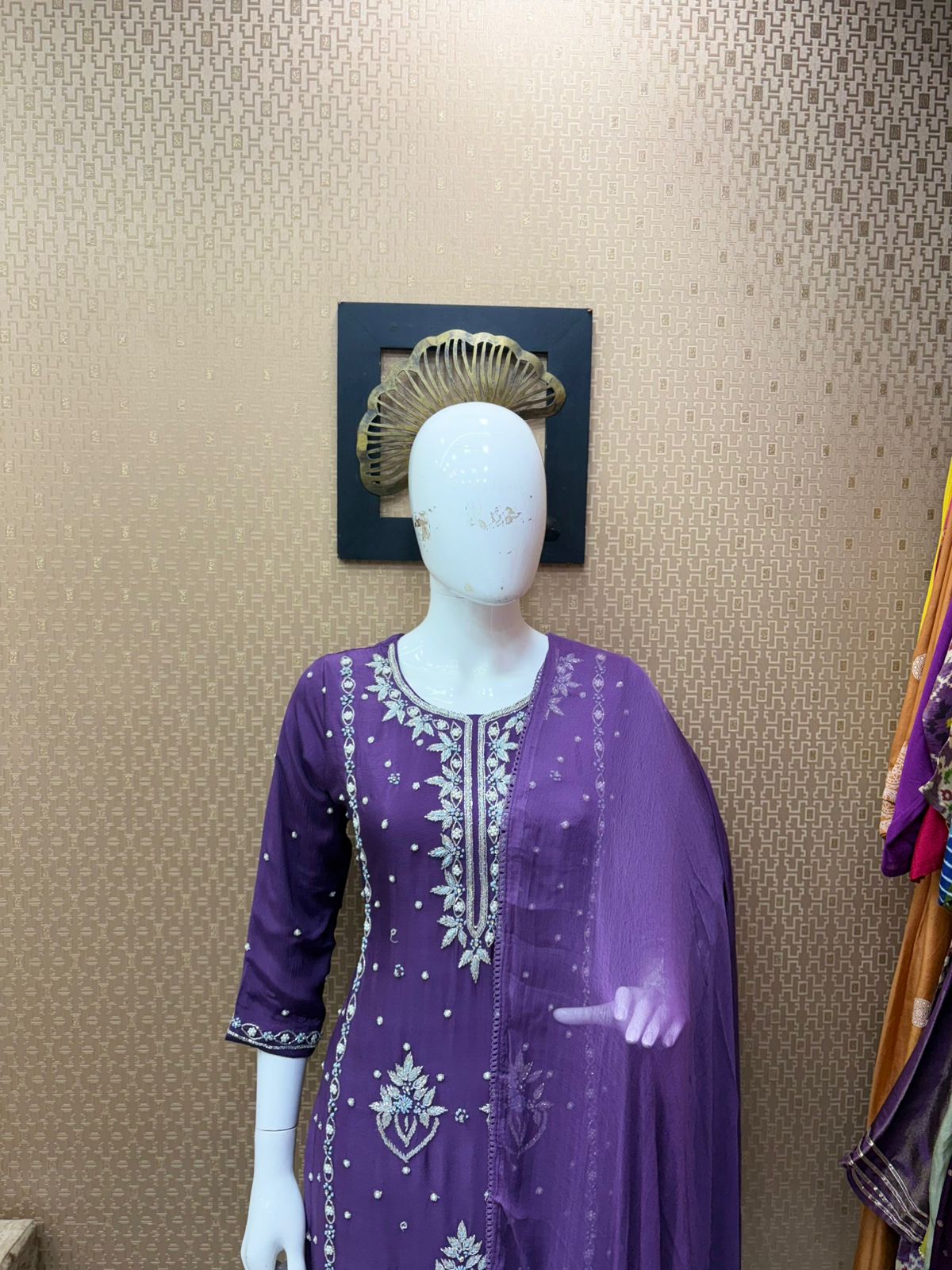 Viscose Chinnon Handwork Suit Set with Chiffon Dupatta & Plazo Pant