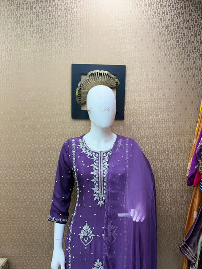 Viscose Chinnon Handwork Suit Set with Chiffon Dupatta & Plazo Pant