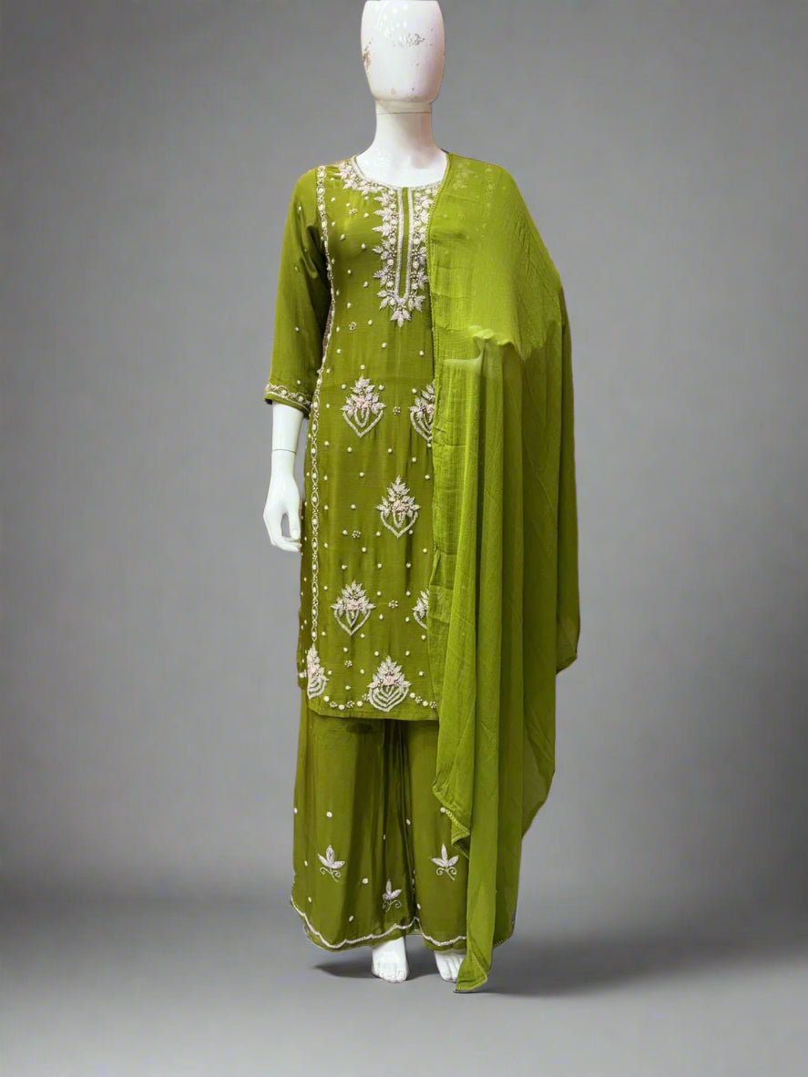 Viscose Chinnon Handwork Suit Set with Chiffon Dupatta & Plazo Pant