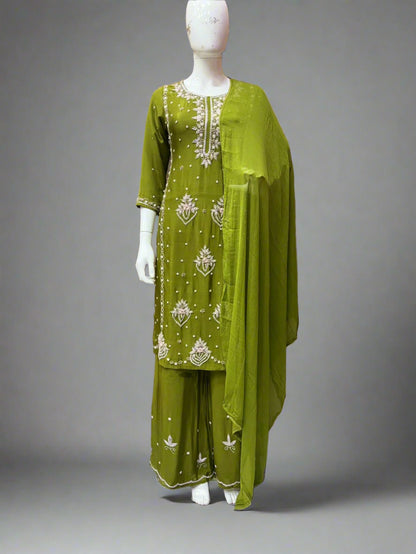 Viscose Chinnon Handwork Suit Set with Chiffon Dupatta & Plazo Pant