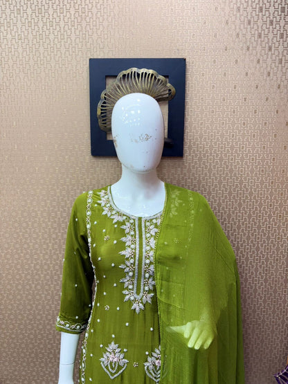 Viscose Chinnon Handwork Suit Set with Chiffon Dupatta & Plazo Pant