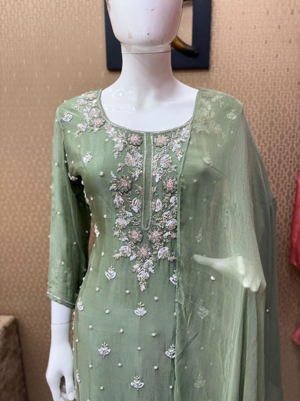 Green Satin silk embrodiery Premium 3 piece set