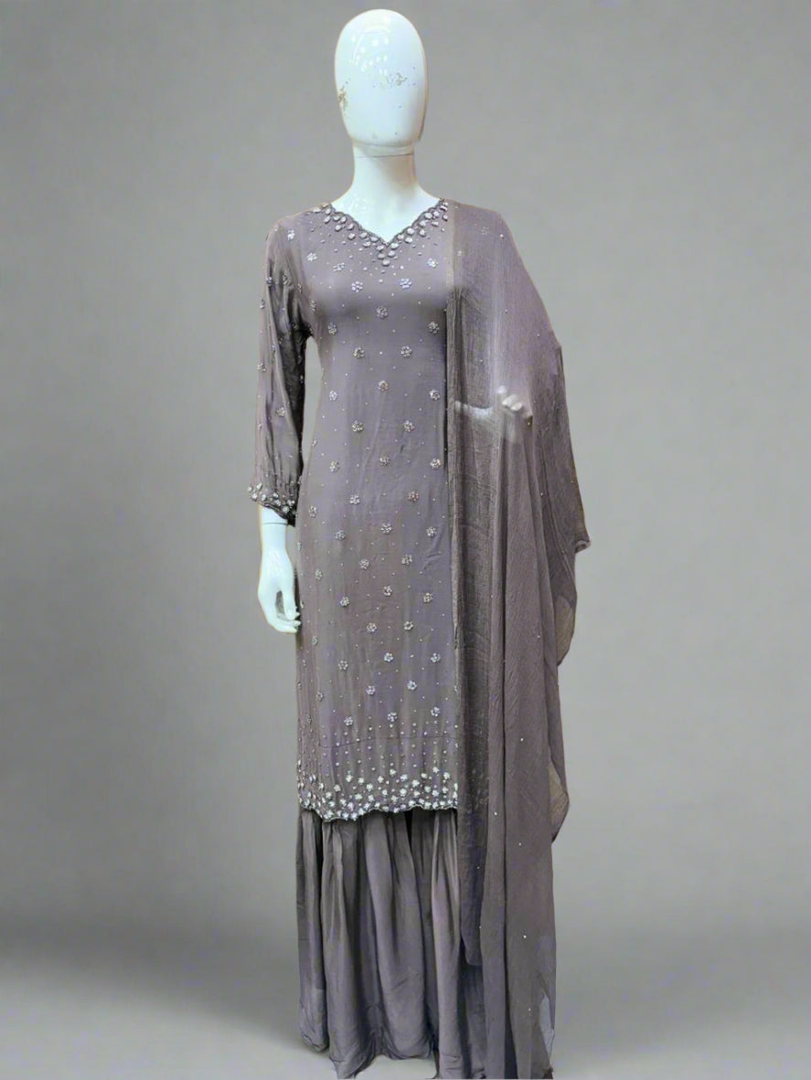 Gray Satin Silk Handwork Embroidery Palazo 3-Piece Set